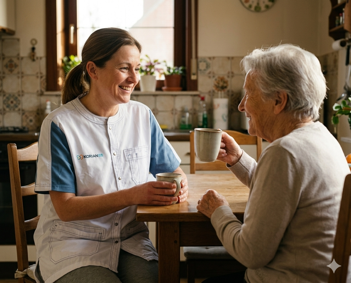 Zorgverlener en oudere vrouw delen koffie in een zonnige woonkamer